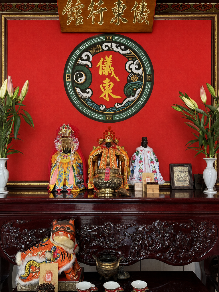 儀東行館神壇實景，包含匾額、奉祀神尊與供桌